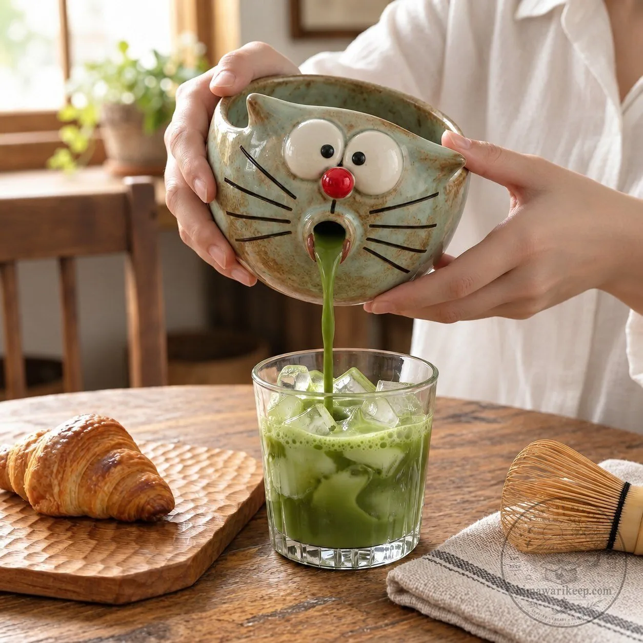 Funny Vomiting Cat Matcha Bowl with Spout